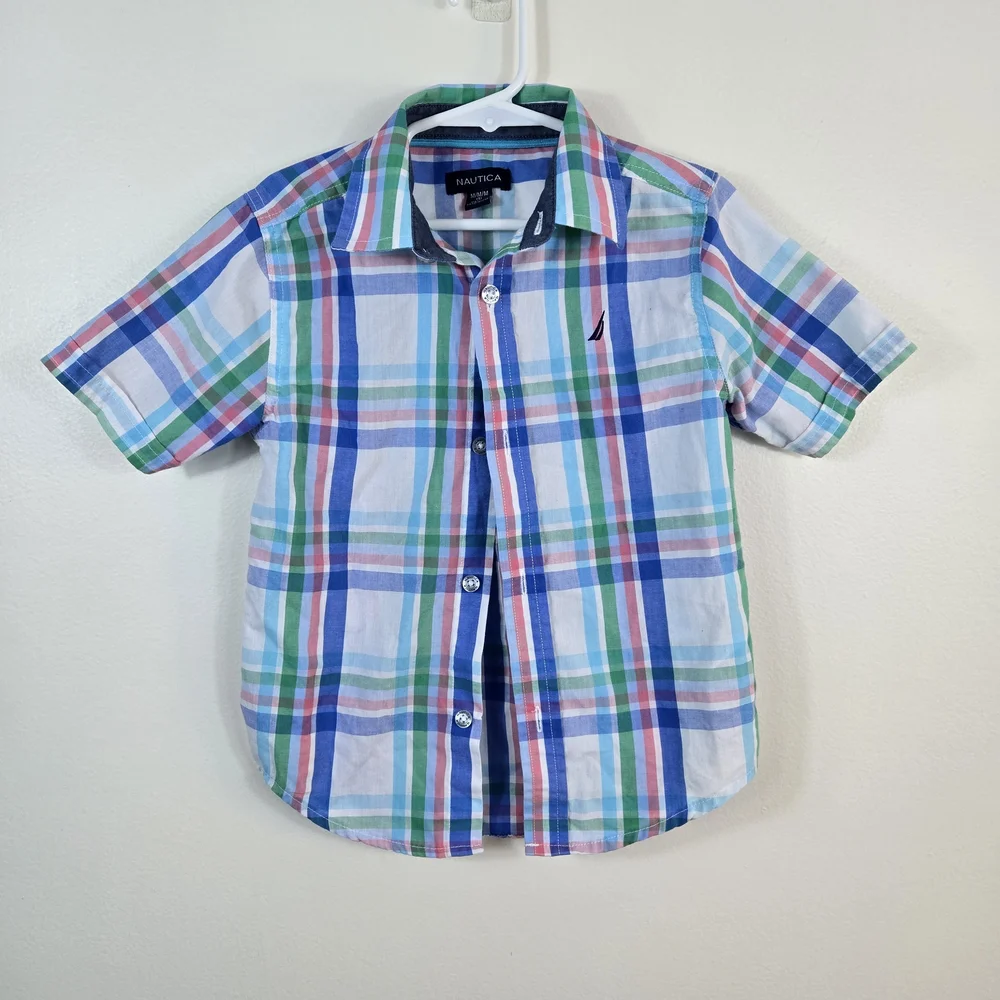 Nautica Boys Blue Green Plaid Short Sleeve‎ Button Down Preppy Shirt 5/M Easter